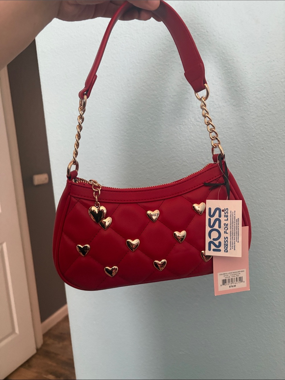 Juicy Couture Red Quilted Mini Shoulder Bag with Gold Heart Accents